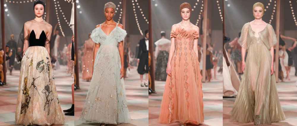 Кутюрная коллекция Dior: плиссированные юбки, объемные блузы и блестящие шапочки