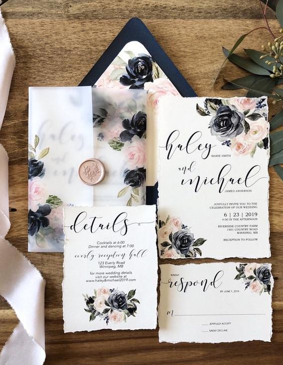 Watercolor Floral Wedding Invitation Suite Navy and Blush | Etsy