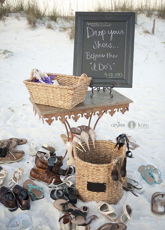 10 Ideas For Beach Weddings: #7. Shoe station. Excuse us for repeating ourselves, but sand and high heels just donâ??t mix. Set up a shoe station where guests can kick off their shoes and feel the sand between their toes.