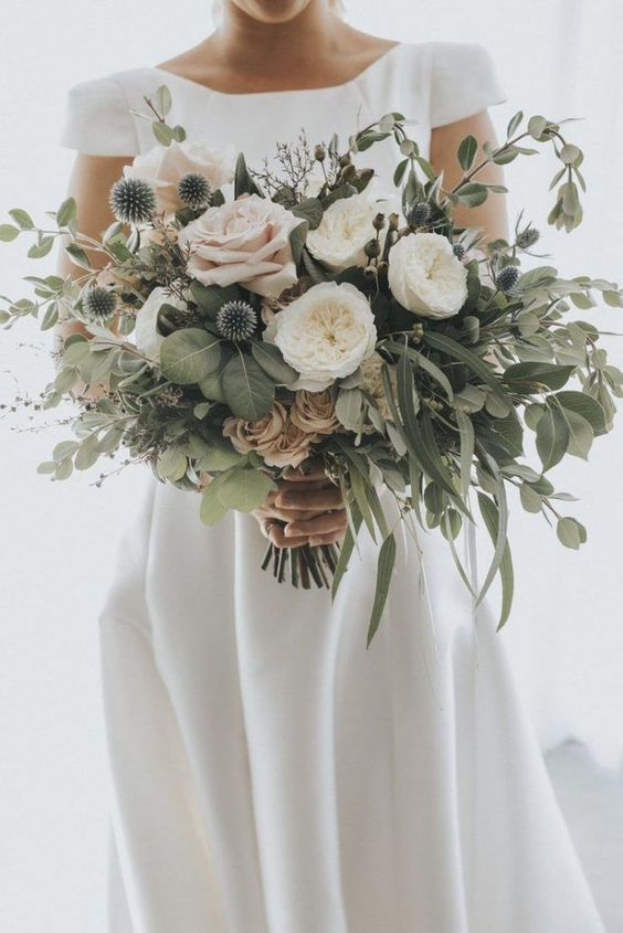 stunning blush greenery wedding bouquets with thistles