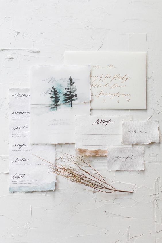 Obsessed with this wedding invitation suite and the watercolor details! | Forest Wedding Invitations | Unique Wedding Invitations | Winter Wedding Stationery | Mountain Wedding | Wedding Calligraphy | Mountain Wedding Invites | #weddinginvitations #weddingstationery #WeddingInvitationRustic