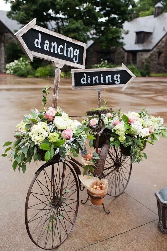 Vintage Wedding Ideas with Green White and Pink Flowers for Bicycle