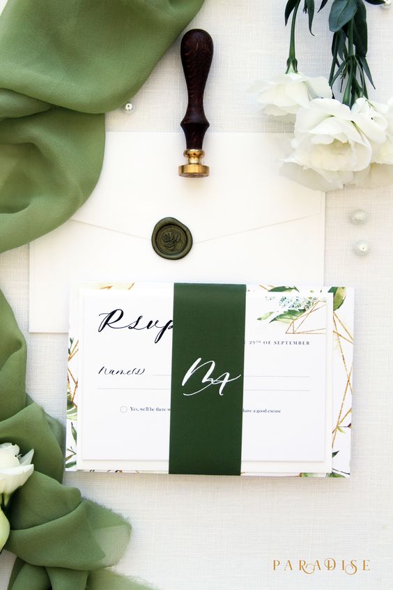 Amy Gold and Watercolour Green Wedding Invitation Sets, Printable Wedding Invitations or Printed Invitations with Belly Bands, Green Leaves