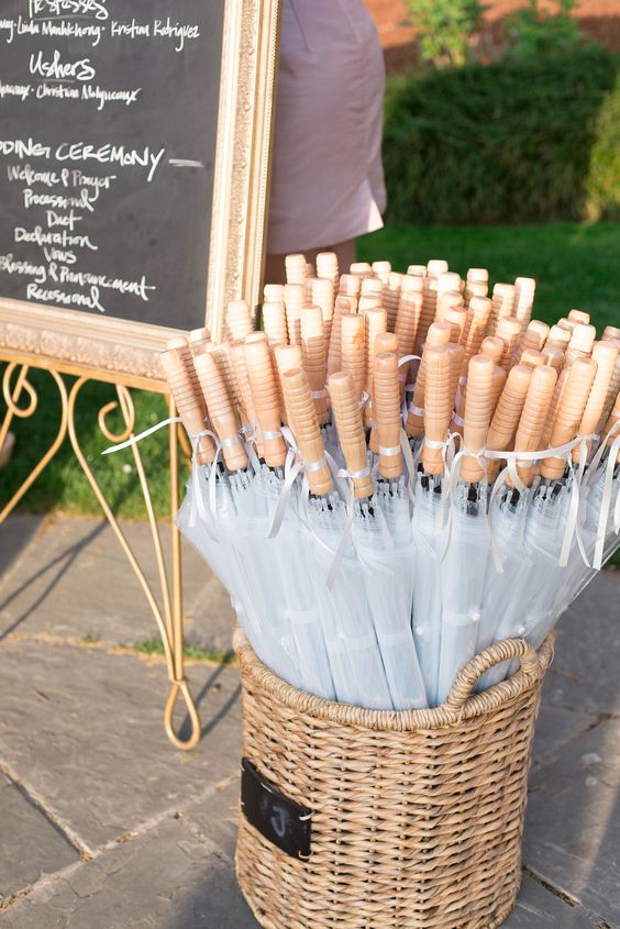 Clear Umbrellas as outdoor wedding favors. If it rains these will still look cute in pictures!