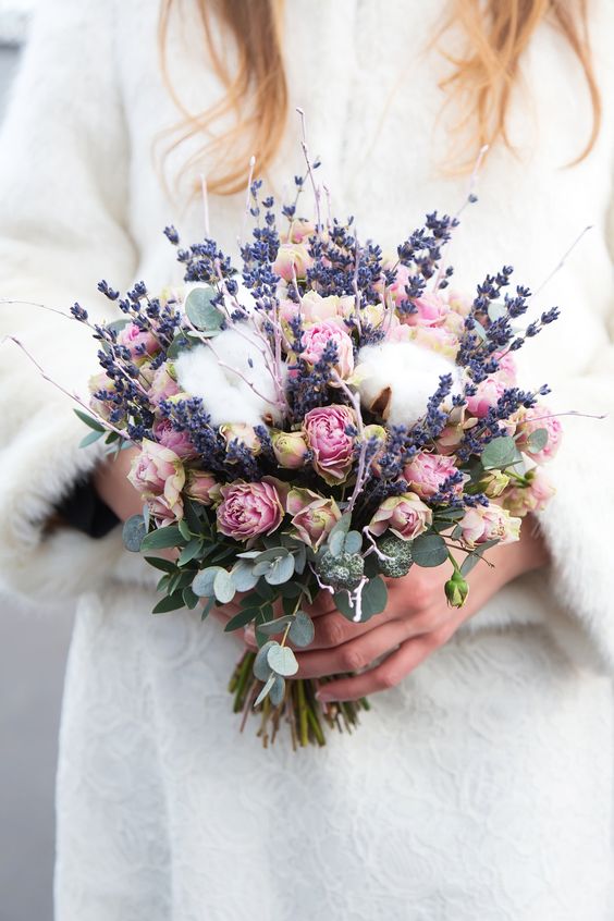 Lavender Bouquet | This wildflower-inspired bouquet features lavender, cotton, miniature peonies, and eucalyptus. It's super fresh and fragrant looking, while tying...