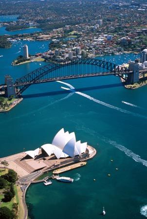 Aerial View of Sydney Opera House and Sydney Harbour Bridge, Australia