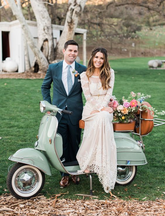 wedding boho hipster bride and groom on a vintage vespa portraits